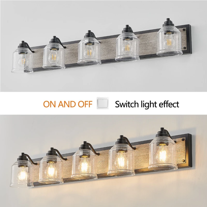 40" Farmhouse 5-Light Bathroom Wall Sconce with Clear Seeded Glass Shades, Modern Industrial Vanity Light Fixture, 40" L x 7" W x 7" H, Black