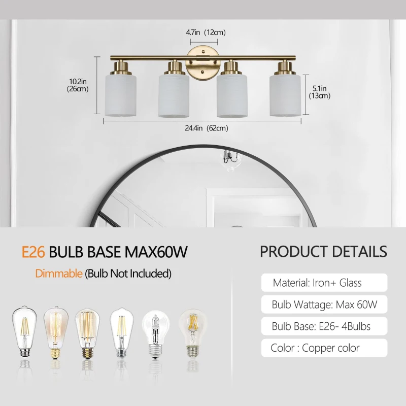 24.5" Modern 4-Light Vanity Wall Sconce with Frosted Glass Shades, Hard-Wired Bathroom Lighting Fixture, 24.5" L x 6.5" W x 10" H, Gold