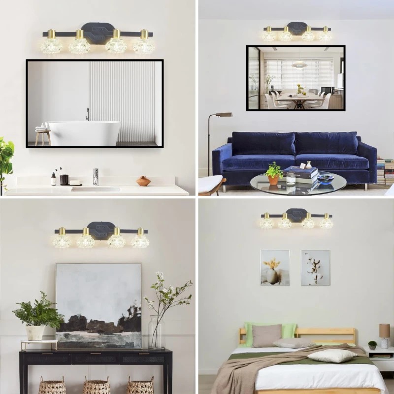 23.5" Vintage 4-Light Wall Sconce with Crystal Shades, Iron Finish, Vanity Light Fixture for Bathroom, Hallway, 23.5" L x 5.5" W x 5" H, Black+Gold