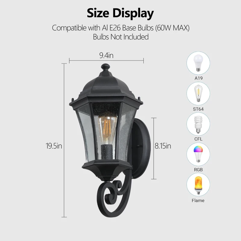 Vintage Wall-Mounted Outdoor Lantern Light with Weather-Resistant, Aluminum Sconce for Porch, Patio, 11" L x 9.5" W x 19.5" H, Black