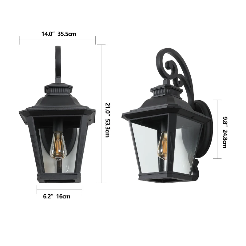 14" Outdoor Wall Lanterns 2-Pack with Clear Glass Panels, Vintage Exterior Light Fixture for Porch, Patio, Garden, 14" L x 11" W x 21" H, Black