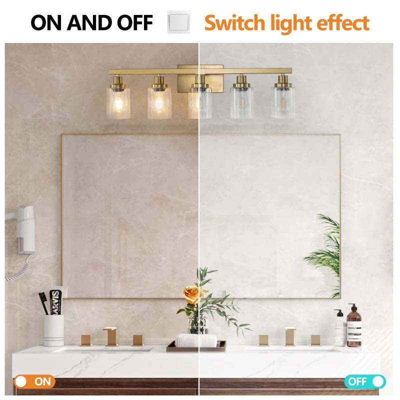 31" 5-Light Vanity Light with Clear Glass Shades, Easy Installation, Modern Iron Bathroom Wall Fixture for Mirror, 31" L x 6" W x 9" H, Golden