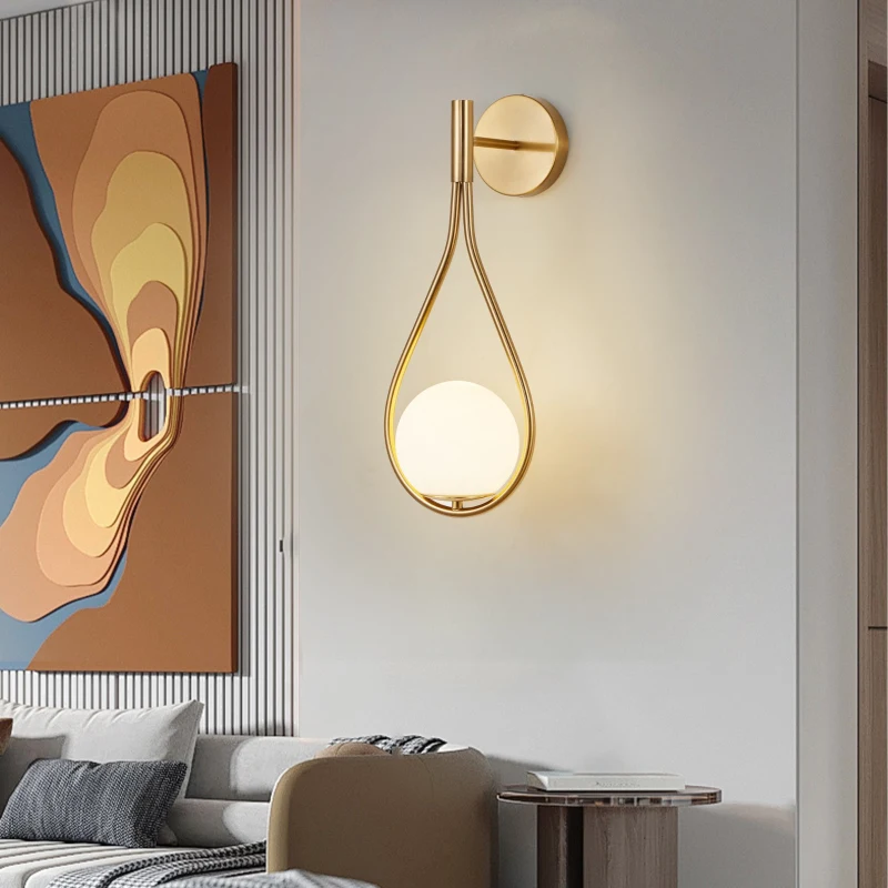Set of 2 Modern Wall Sconces with Opal Glass Globe, Mid-Century Design, Luxury Wall Lights for Bedroom, Hallway, 7.5" L x 8" W x 18.5" H, Gold