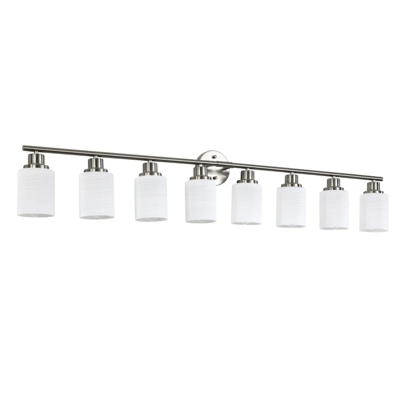 52" 8-Light Vanity Wall Sconce with Frosted Glass Shades, Brushed Nickel Finish, Ideal for Bathroom, Hallway, 52" L x 6.5" W x 10" H, Silver