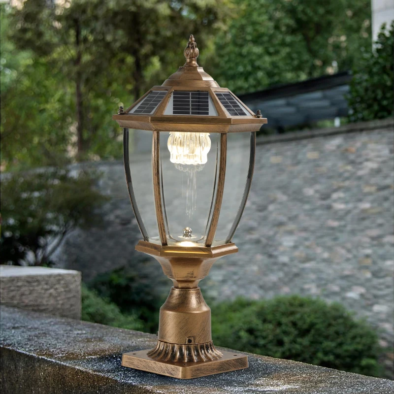 Solar Powered LED Outdoor Lantern with Elegant Glass Design, Vintage Garden Light for Pathways, Yards, Patios, 9.5" L x 9.5" W x 20" H, Bronze