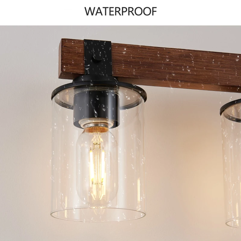 50" 7-Light Vanity Light with Glass Shades, Wood Accent, Modern Farmhouse Wall Sconce for Bathroom, 50" L x 8.5" W x 6" H, Walnut+Black