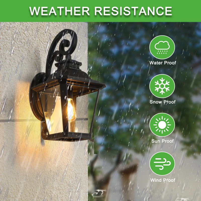 Outdoor Wall Lantern Light with Decorative Scroll Design, Clear Glass Sconce, Weather-Resistant Aluminium, 14" L x 11" W x 21" H, Black