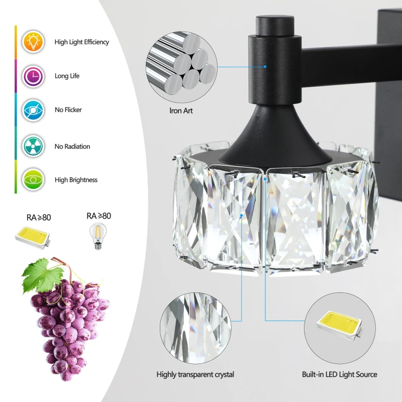 Modern 5-Light LED Vanity Light Fixture with Crystal Glass Shades, Matte Black Bathroom Wall Sconce, 36" L x 8" W x 5" H, Black