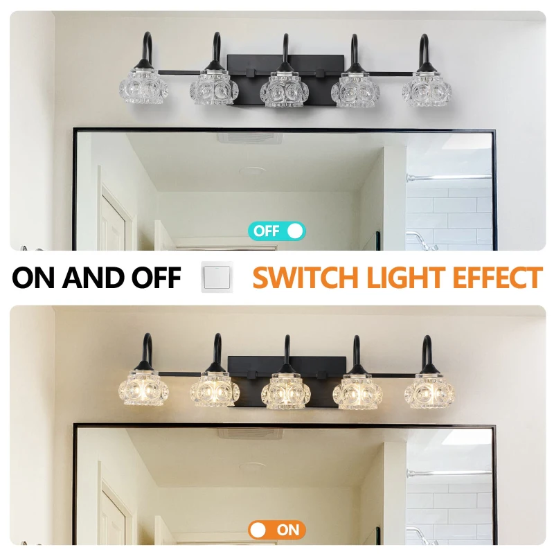 Retro 5-Light Vanity Light Fixture with Crystal Glass Shades, Metal Bracket, Perfect for Bathroom, Dressing Room, 29" L x 7" W x 6.5" H, Black
