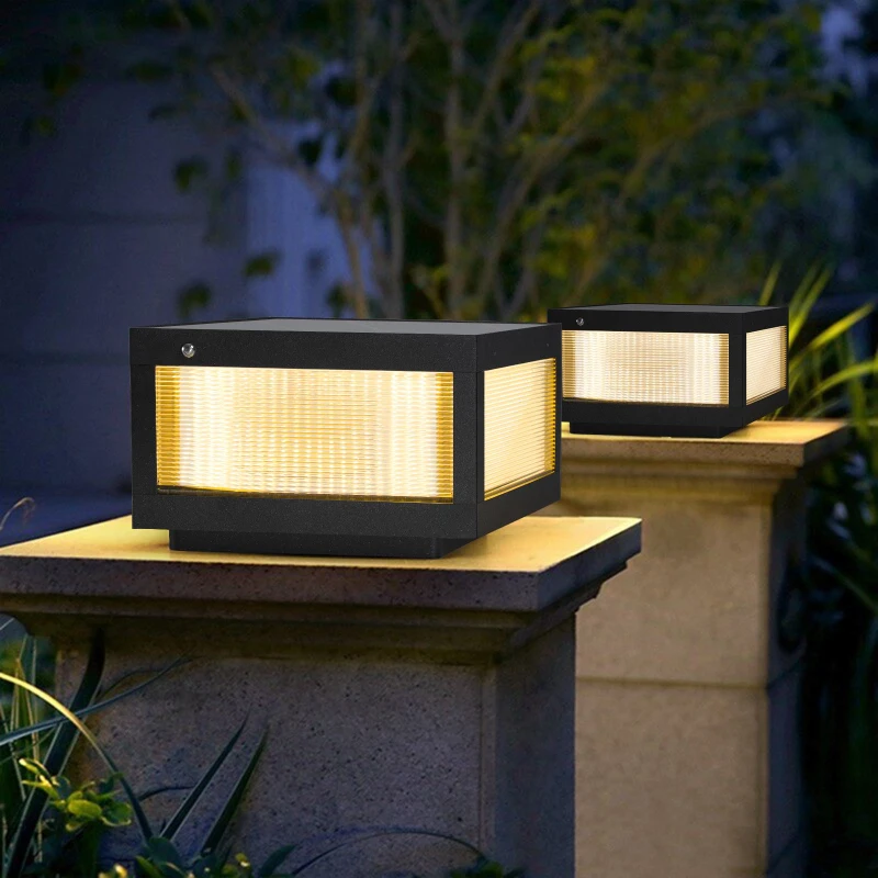 2-Pack Solar Powered LED Post Cap Light with Modern design, Modern Outdoor Fence Light for Pathways, Decks, 12" L x 12" W x 8" H, Black