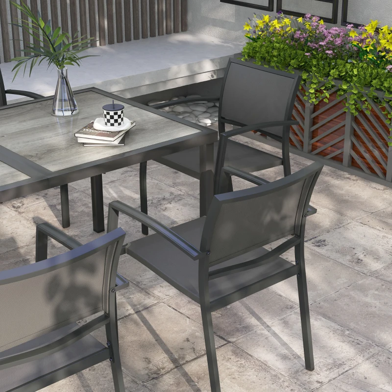 Outsunny 7 Pieces Outdoor Dining Set with 6 Stackable Chairs, Patio Table and Chairs with Plastic Top, Breathable Mesh Seat Back