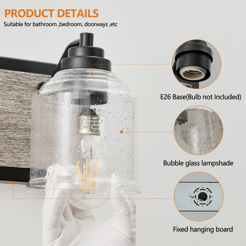 31.5" Farmhouse 4-Light Wall Sconce with Clear Glass Shades, Wooden Backboards, Industrial Vanity Light Fixture, 31.5" L x 7" W x 7" H, Black