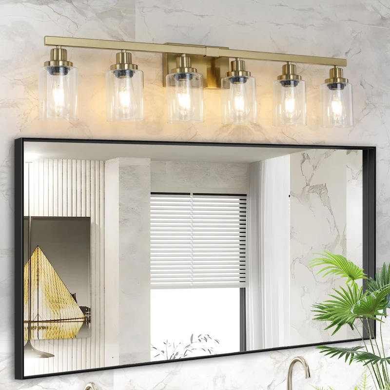 37" 6-Light Vanity Light with Clear Glass Shades, Easy Installation, Modern Iron Metal Bathroom Wall Fixture for Mirror, 37" L x 6" W x 9" H, Golden