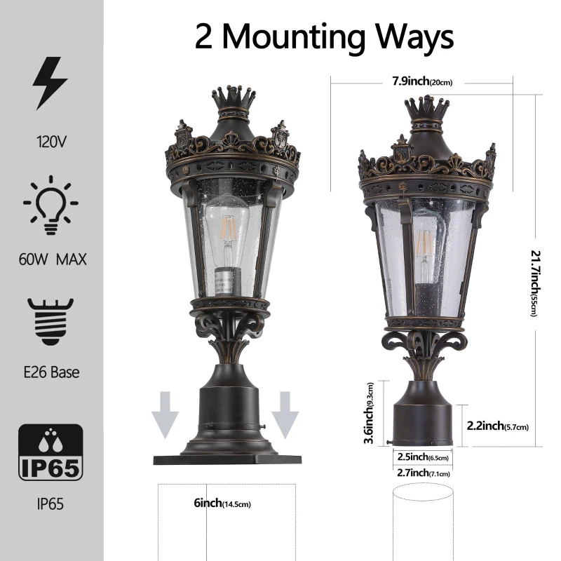 Vintage Crown Outdoor Post Lantern with Clear Glass Shade, Antique Metal Base, Ideal for Garden, Patio, 8" L x 8" W x 22" H, Coffee+Golden