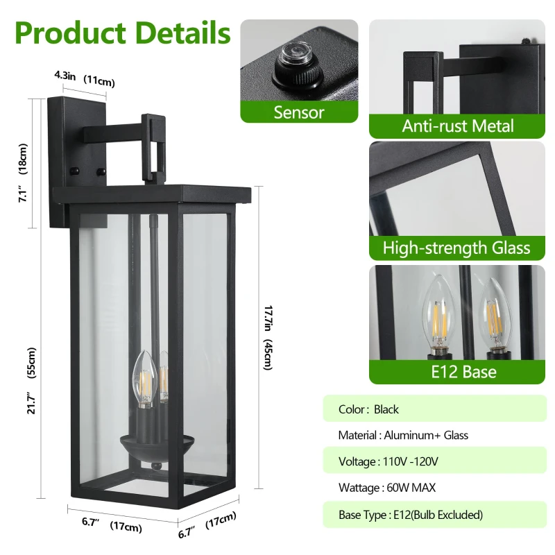 Outdoor Wall Lantern with Dusk to Dawn Sensor, Weatherproof Dual-Light Design, Clear Glass Panels, 8" L x 9.5" W x 22" H, Black