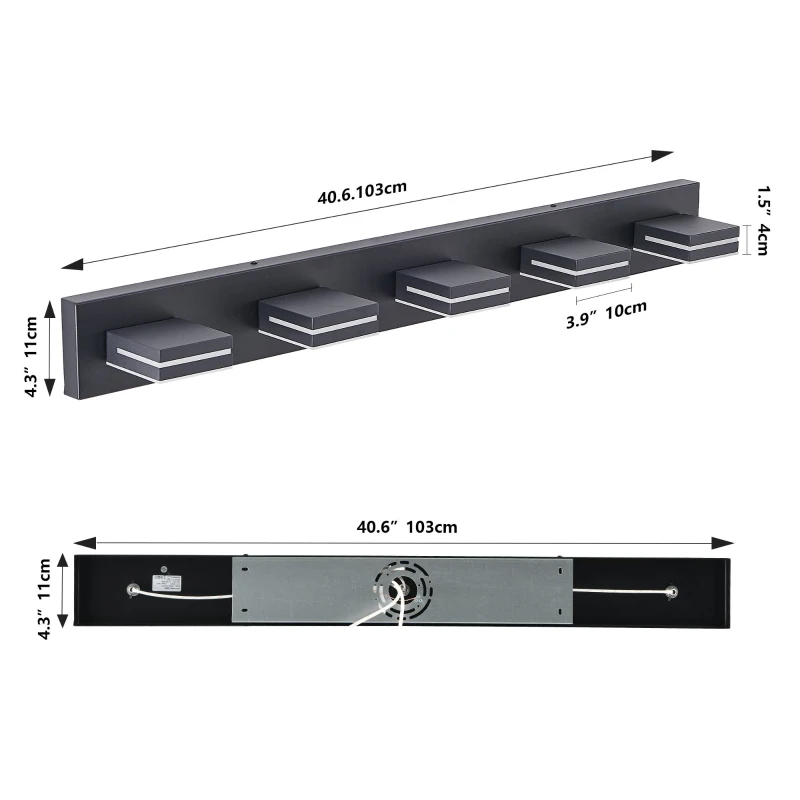 Energy-Saving 5-Light Wall Sconce with Geometric Lamp Heads, Minimalist LED Vanity Light for Bathroom, Toilets, 40.5" L x 4.5" W x 5" H, Black