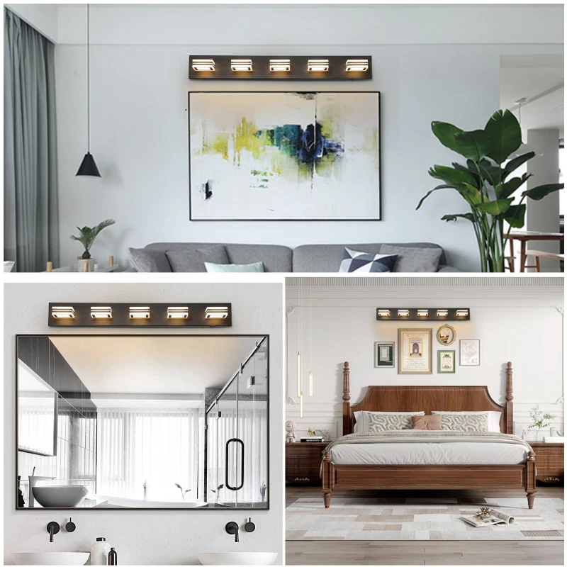 Modern 5-Light LED Vanity Light with Iron and Acrylic, Dimmable Bathroom Wall Fixture, Ideal for Mirror Lighting, 33.5" L x 4.5" W x 5" H, Black