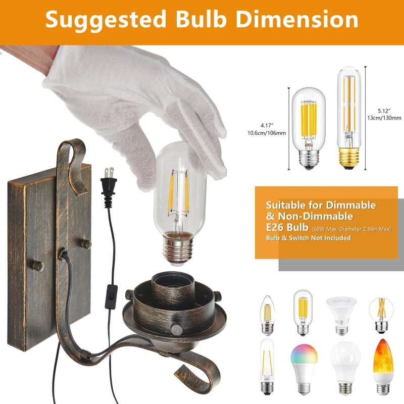 Set of 2 Rustic Farmhouse Wall Sconces with Glass Shade, Easy Installation, Vintage Industrial Plug-in Wall Lights, 5" L x 5" W x 12" H, Black+Gold