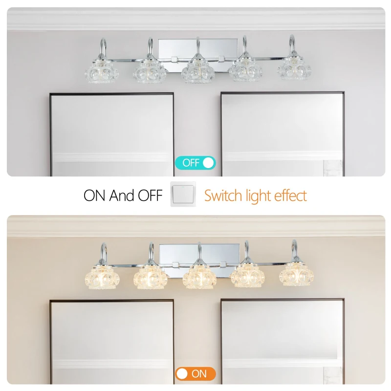 29" Vintage 5-Light Bathroom Mirror Fixture with Clear Glass Shades, Brushed Nickel Finish, Crystal Vanity Light, 29" L x 7" W x 6.5" H, Silver