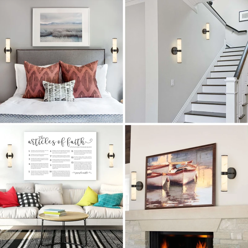 Set of 2 Resin Marble Texture Wall Lights with Iron Metal Frame, Elegant Lighting Fixtures for Hallways, Bedrooms, 5" L x 5.5" W x 14" H, Black