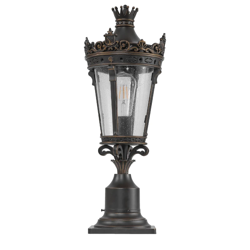 Vintage Crown Outdoor Post Lantern with Clear Glass Shade, Antique Metal Base, Ideal for Garden, Patio, 8" L x 8" W x 22" H, Coffee+Golden