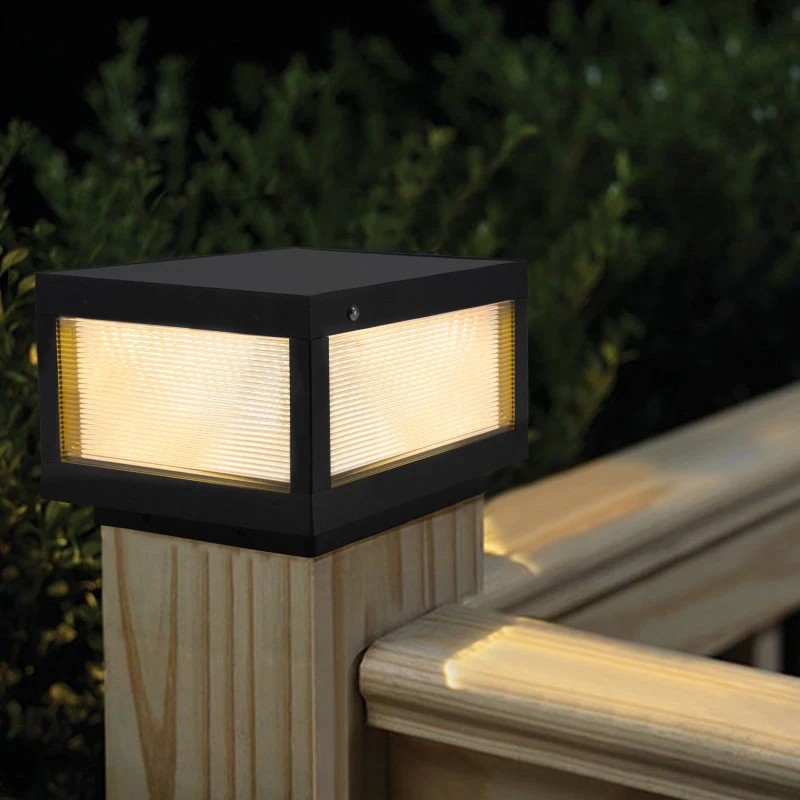 12" Solar Powered LED Post Cap Light with IP65 Waterproof, Modern Outdoor Fence Light for Pathways, Decks, Patios, 12" L x 12" W x 8" H, Black