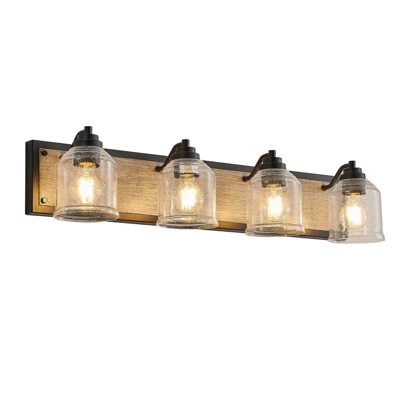 31.5" Farmhouse 4-Light Wall Sconce with Clear Glass Shades, Wooden Backboards, Industrial Vanity Light Fixture, 31.5" L x 7" W x 7" H, Black