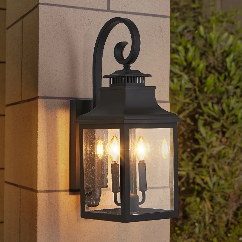 Outdoor Wall Lantern Light with Weather Resistant, Vintage Metal Sconce with Clear Seeded Glass for Porch, Patio, 11.5" L x 8.7" W x 23" H, Black