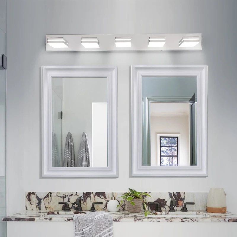 Minimalist 5-Light Wall Sconce with Geometric Lamp Heads, Sleek Chrome LED Vanity Light for Bathroom, Corridor, 40.5" L x 4.5" W x 5" H, Silver