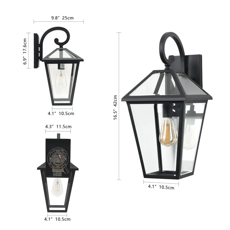 10" Outdoor Wall Lanterns with Clear Glass Panels, Weatherproof Vintage Exterior Light Fixtures, Ideal for Porch, 10" L x 8" W x 16.5" H, Black