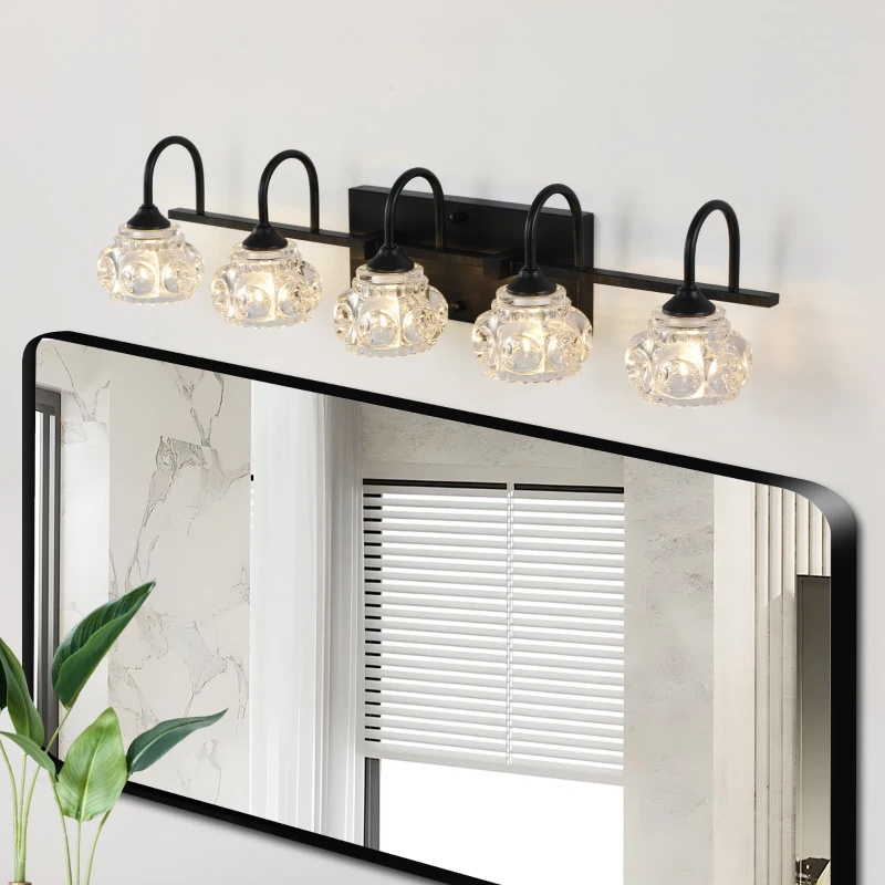Retro 5-Light Vanity Light Fixture with Crystal Glass Shades, Metal Bracket, Perfect for Bathroom, Dressing Room, 29" L x 7" W x 6.5" H, Black