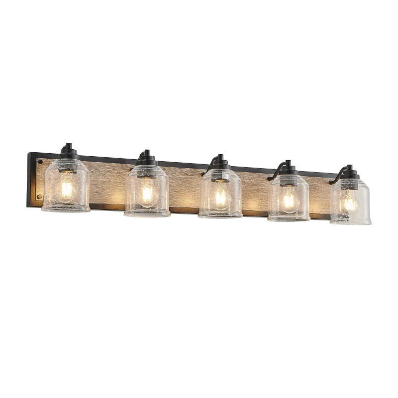 40" Farmhouse 5-Light Bathroom Wall Sconce with Clear Seeded Glass Shades, Modern Industrial Vanity Light Fixture, 40" L x 7" W x 7" H, Black