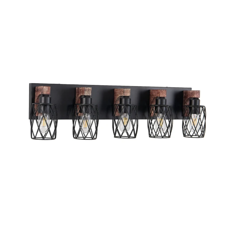 31" Industrial Vintage 5-Light Wall Sconce with Wooden Accents, Cage Fixture for Hallway, Living Room, 31" L x 6" W x 8.5" H, Walnut+Black