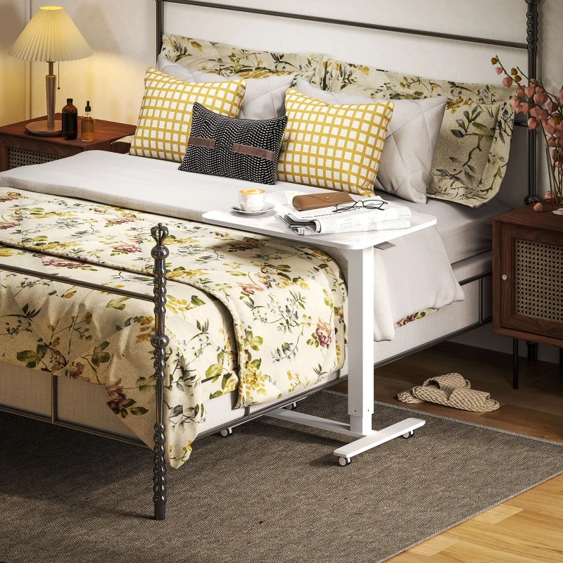 HOMCOM Pneumatic Standing Desk Adjustable Height, Mobile Stand Up Desk with Wheels, 43 Inch Portable Rolling Table, White