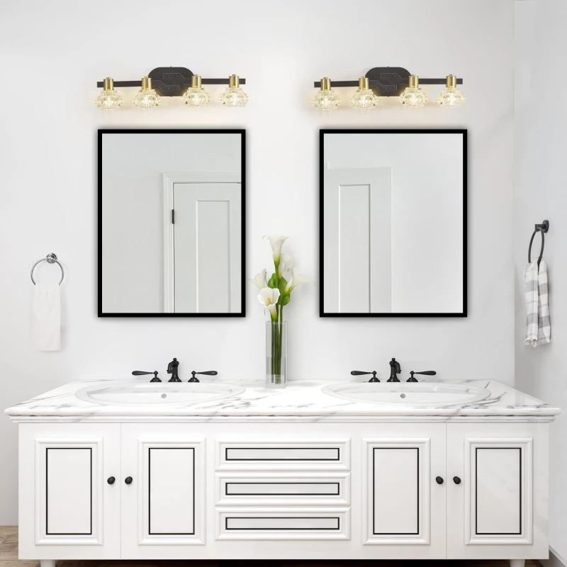 23.5" Vintage 4-Light Wall Sconce with Crystal Shades, Iron Finish, Vanity Light Fixture for Bathroom, Hallway, 23.5" L x 5.5" W x 5" H, Black+Gold