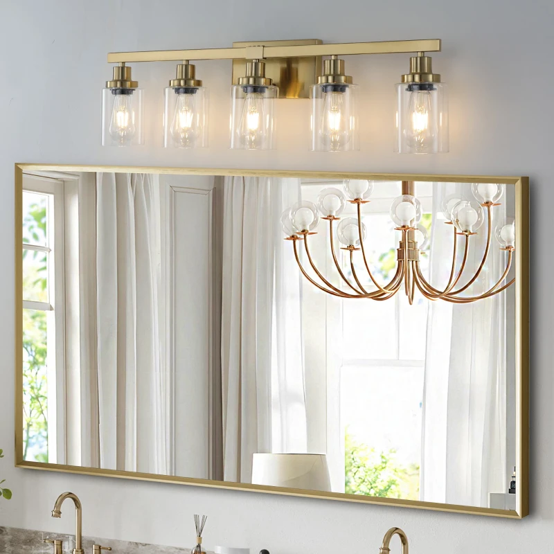 31" 5-Light Vanity Light with Clear Glass Shades, Easy Installation, Modern Iron Bathroom Wall Fixture for Mirror, 31" L x 6" W x 9" H, Golden