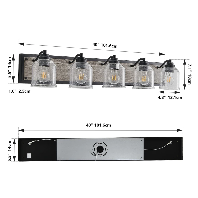 40" Farmhouse 5-Light Bathroom Wall Sconce with Clear Seeded Glass Shades, Modern Industrial Vanity Light Fixture, 40" L x 7" W x 7" H, Black