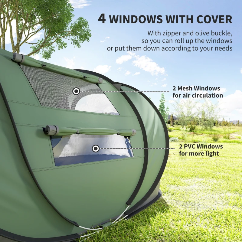 Outsunny 4 Person Camping Tent, Easy Pop Up Tent with Doors, Windows and Carry Bag, Automatic Setup Tent for Hiking, Dark Green