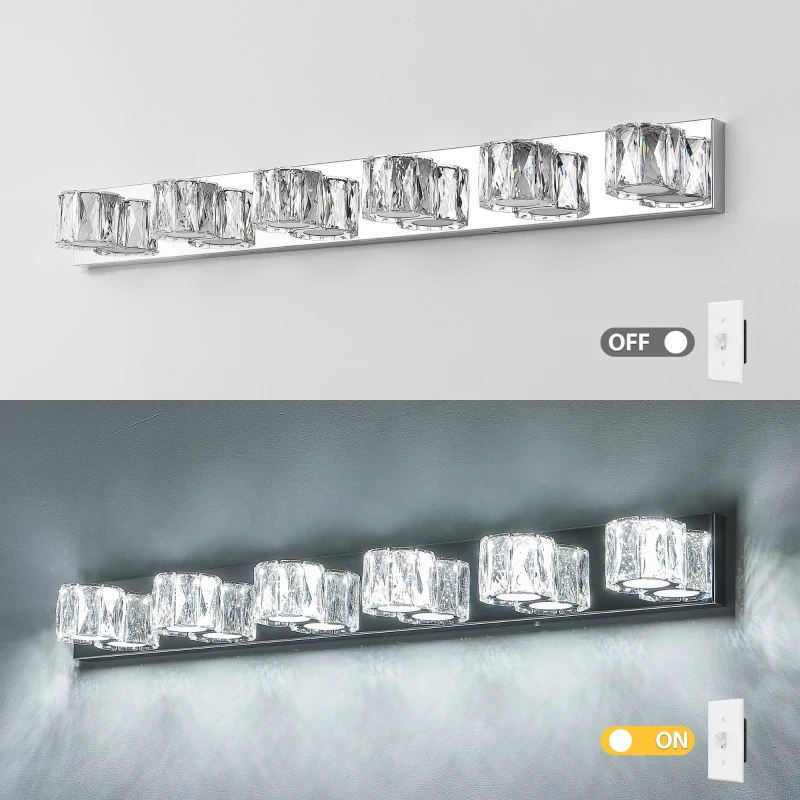 Modern 6-Light LED Wall Sconce with Clear Crystal Shades, Built-In LED Lighting, Elegant Bathroom Vanity Light, 41" L x 4.5" W x 4.5" H, Silver