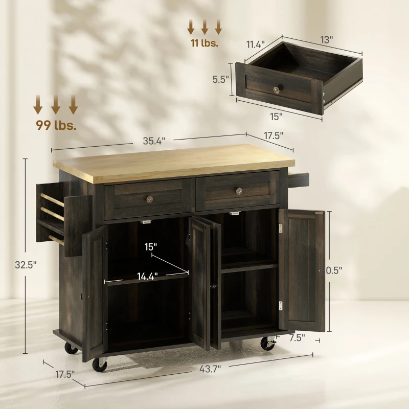 HOMCOM Kitchen Island Cart with Rubber Wood Top, Rolling Kitchen Island Table on Wheels with Drawers, Adjustable Shelves, Spice Rack and Towel Rack for Dining Room, Brown Oak