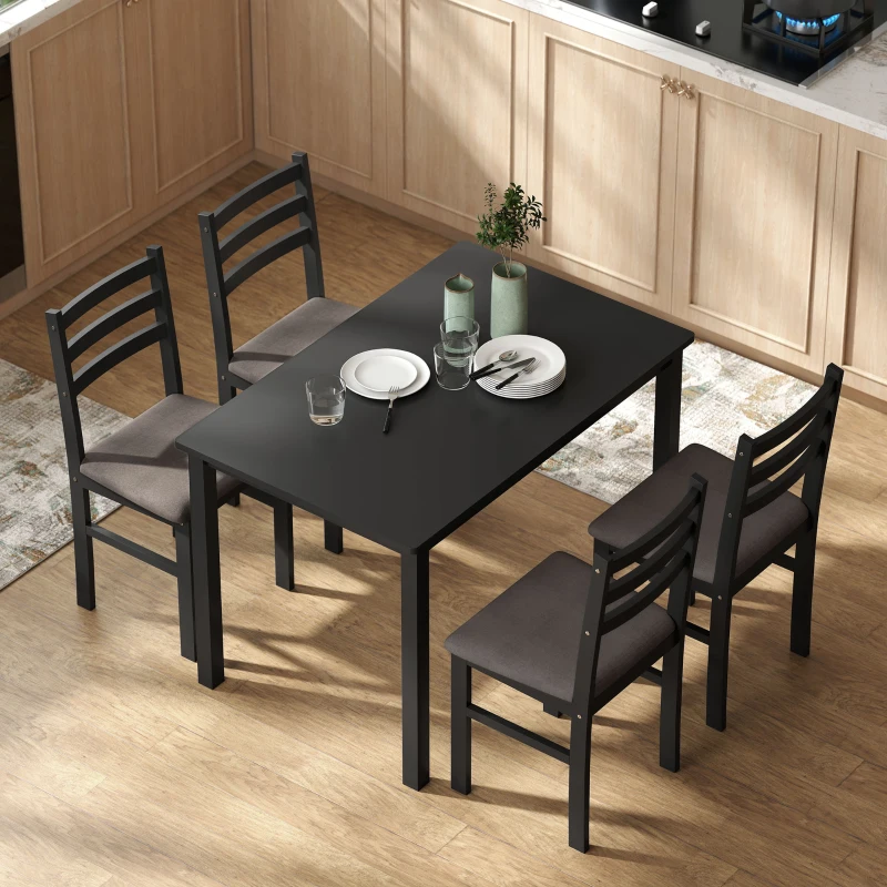 HOMCOM 5-Piece Small Kitchen Table Set for 4, Farmhouse Dining Table Set with Upholstered Chairs and Rubber Wood Legs, Black