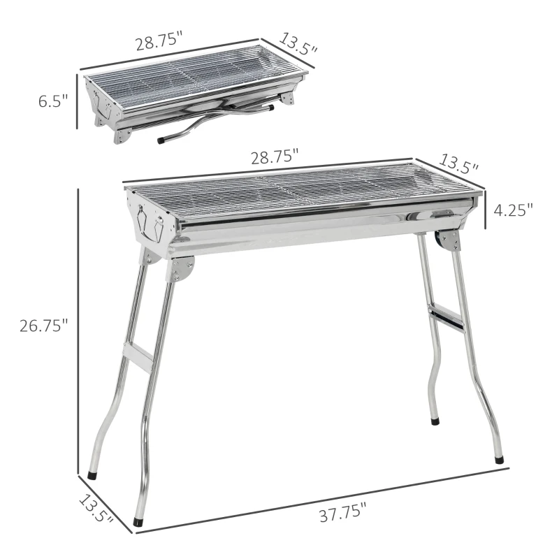 Outsunny Charcoal Barbecue Grill Stainless Steel Small Portable Folding BBQ Camping Grill for Shish Kabob