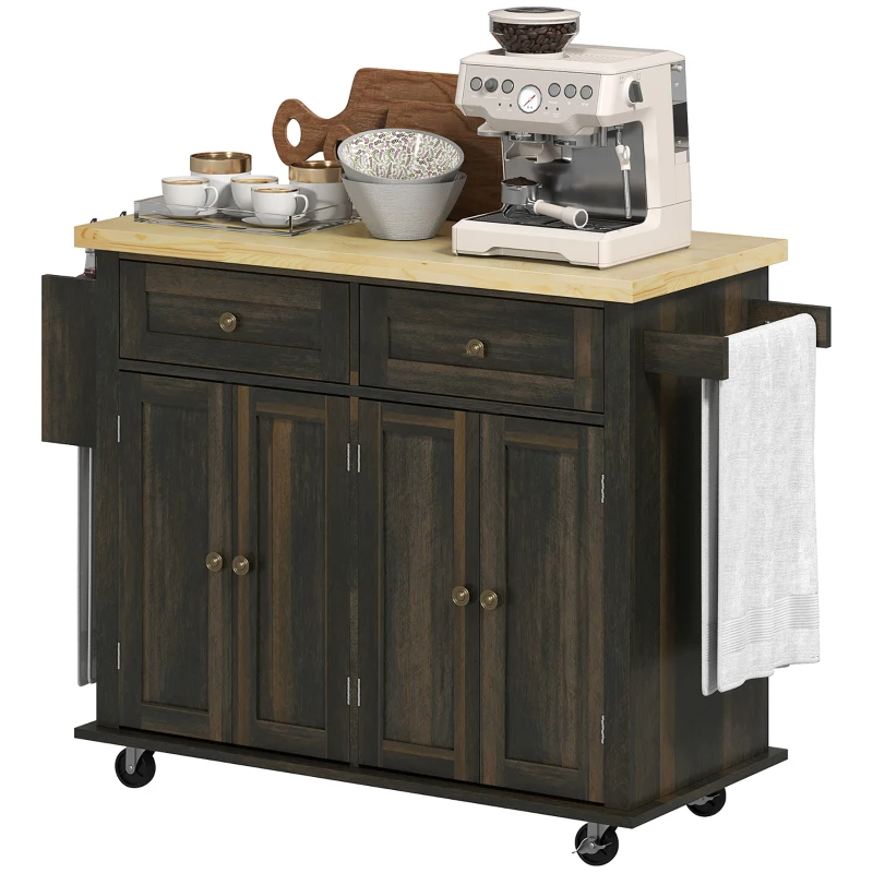 HOMCOM Kitchen Island Cart with Rubber Wood Top, Rolling Kitchen Island Table on Wheels with Drawers, Adjustable Shelves, Spice Rack and Towel Rack for Dining Room, Brown Oak