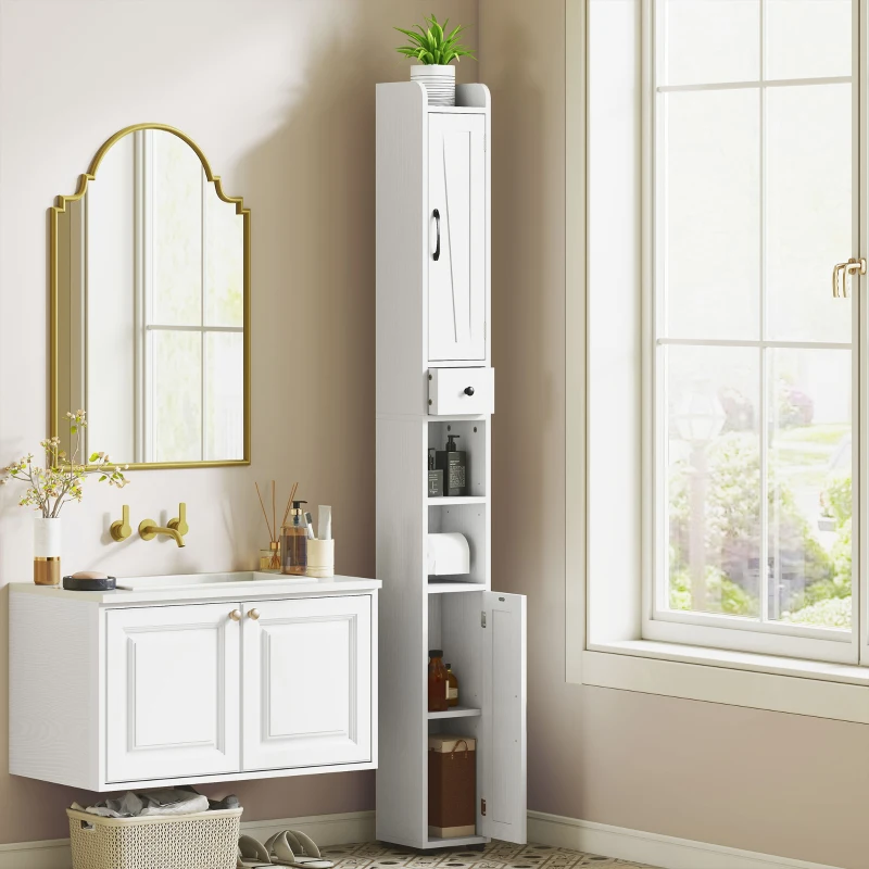 HOMCOM Narrow Bathroom Cabinet, Tall Bathroom Storage Cabinet with Barn Doors, Drawer and Adjustable Shelves, White Wood Grain