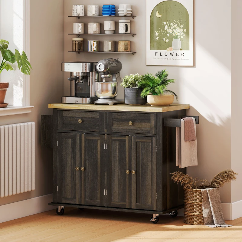 HOMCOM Kitchen Island Cart with Rubber Wood Top, Rolling Kitchen Island Table on Wheels with Drawers, Adjustable Shelves, Spice Rack and Towel Rack for Dining Room, Brown Oak