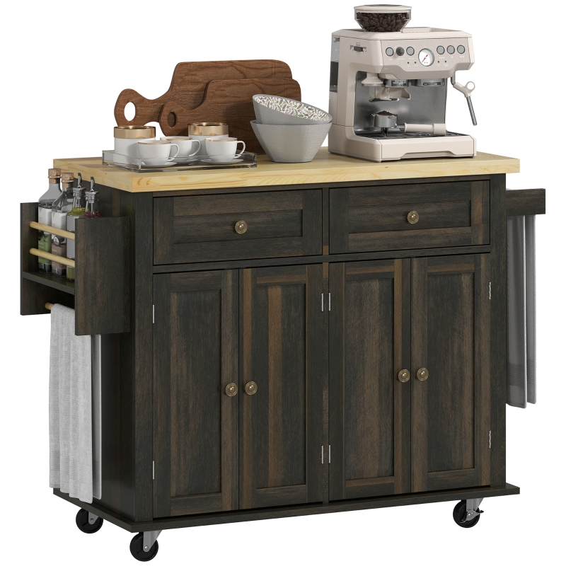 HOMCOM Kitchen Island Cart On Wheels - Distressed Black With Rubberwood Top, Spice Rack, Drawers & Towel Bar