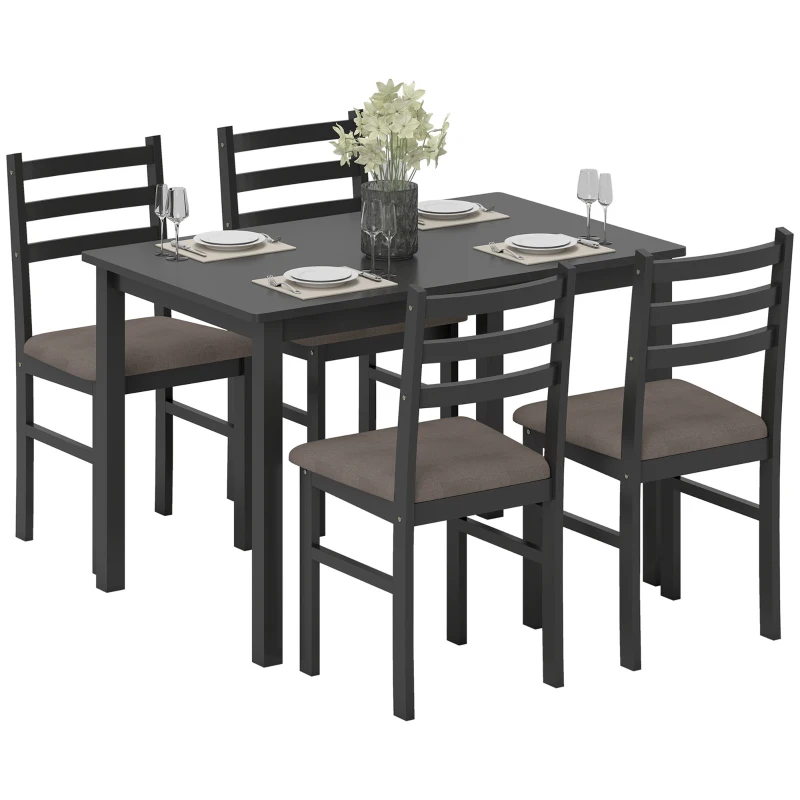 HOMCOM 5-Piece Small Kitchen Table Set for 4, Farmhouse Dining Table Set with Upholstered Chairs and Rubber Wood Legs, Black
