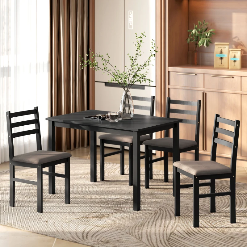 HOMCOM 5-Piece Small Kitchen Table Set for 4, Farmhouse Dining Table Set with Upholstered Chairs and Rubber Wood Legs, Black