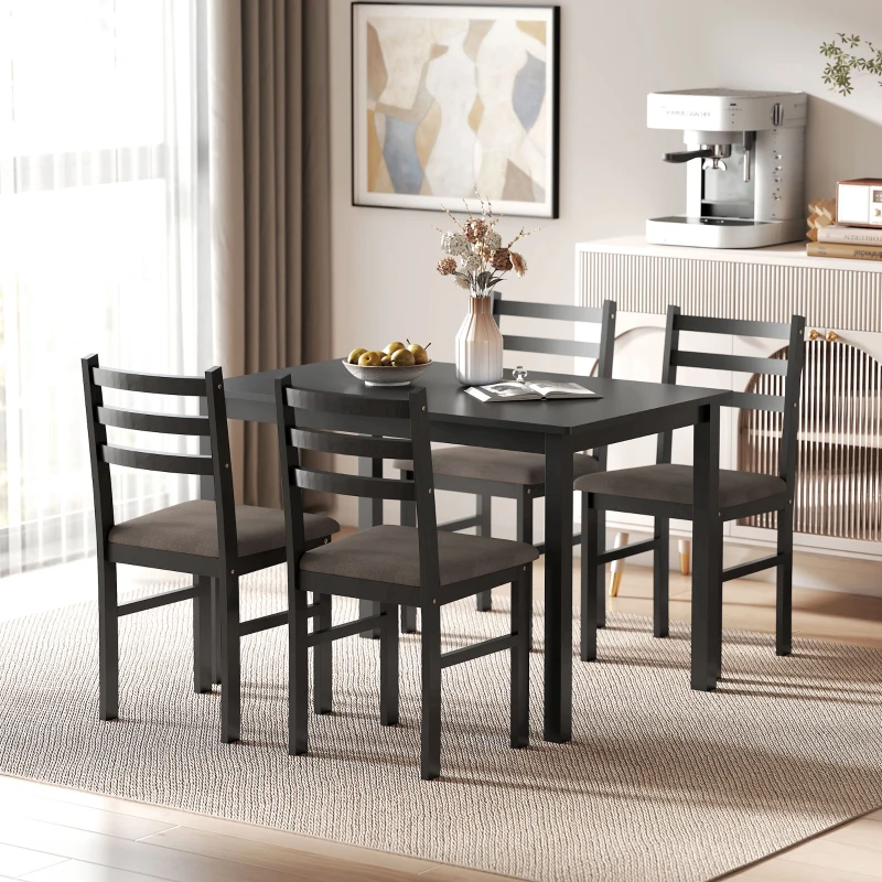 HOMCOM 5-Piece Small Kitchen Table Set for 4, Farmhouse Dining Table Set with Upholstered Chairs and Rubber Wood Legs, Black