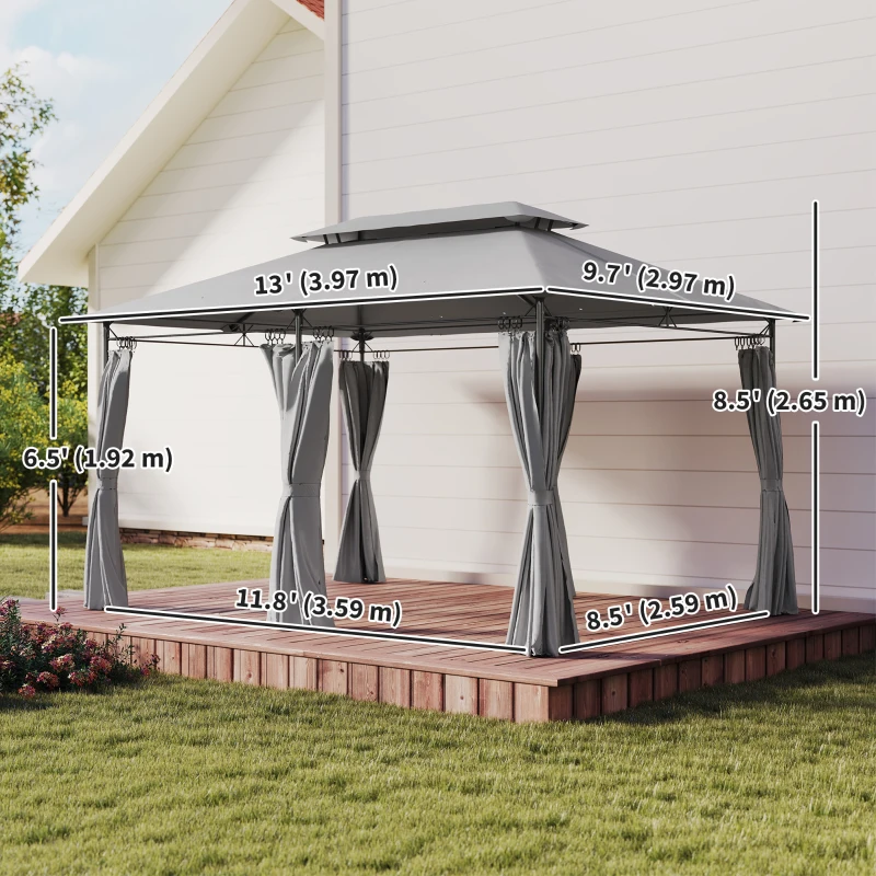 Outsunny 10' x 13' Double Roof Patio Gazebo, Outdoor Gazebo with Curtains, for Garden, Lawn, Backyard and Deck, Dark Grey